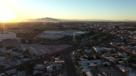 Sunset aerial view of the urban core of downtown Mexicali, Baja California, USA.