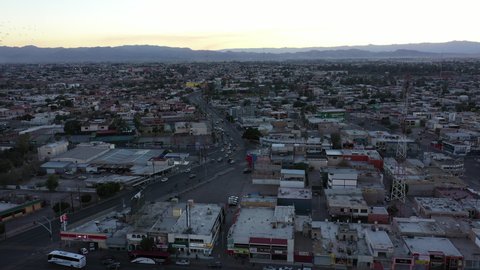 Sunset aerial view of the urban core of downtown Mexicali, Baja California, USA.