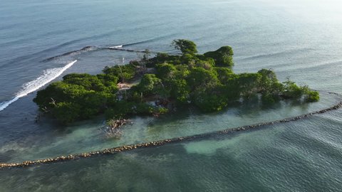 Aerial View of Small Uninhabited Island in San Bernardo Archipelago, Colombian Coast on Caribbean Sea, Drone Shot
