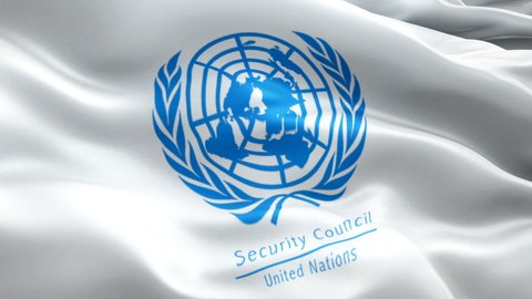 UNSC flag video. National 3d United Nations Security Council logo Slow Motion video. UNSC Flag Blowing Close Up. United Nations Security Council Flags - New York, 4 July 2021
