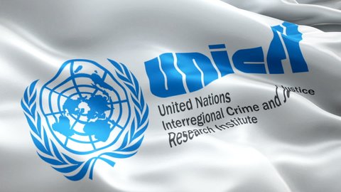 United Nations Interregional Crime and Justice Research Institute flag video. National 3d UNICRI logo Slow Motion video. United Nations Crime Justice Flag Blowing Close Up. UNICRI Flags - New York, 4 