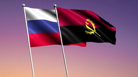 Angola, Russia, 3d flags of Angola and Russia waving in the wind on sunset background.