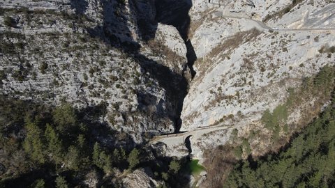 Aerial view of the canyon and valley near sigale and the old stone bridge that used to connect the Prealpes and Savoie