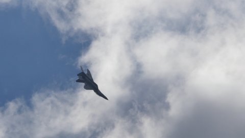 Moscow Russia AUGUST, 26, 2015 Russian federation airforce fighter jet in flight. Mikoyan Gurevich MiG-29 Fulcrum of Russian Federation Air Force a soviet era supersonic military fighter jet