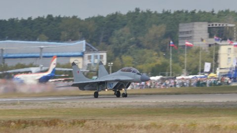 Moscow Russia AUGUST, 26, 2015 Russian combat aircraft in grey camouflage take off. Mikoyan-Gurevich MiG-29 Fulcrum of Russian Federation Air Force
