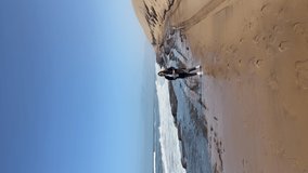 Vertical video. A young woman walks along the coast of the Atlantic Ocean. Sandy beach, dunes on the seashore. Sandwich Harbour in Namibia. Summer vacations.