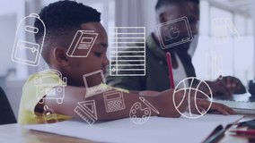 Animation of school items icons over happy african american father helping son in homework. family, togetherness, spending quality time concept digitally generated video.