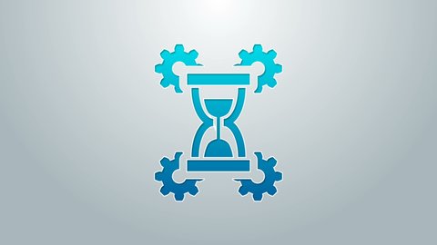 Blue line Hourglass and gear icon isolated on grey background. Time Management symbol. Clock and gear icon. Productivity symbol. 4K Video motion graphic animation.