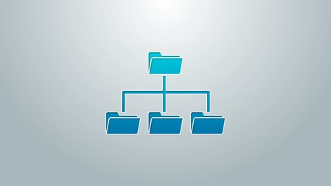 Blue line Folder tree icon isolated on grey background. Computer network file folder organization structure flowchart. 4K Video motion graphic animation.