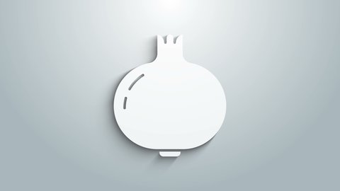 White Pomegranate icon isolated on grey background. Garnet fruit. 4K Video motion graphic animation .