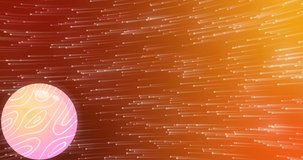 Animation of glowing pink to yellow globe spinning over glowing spots on orange and red background. national popcorn day concept digitally generated video.