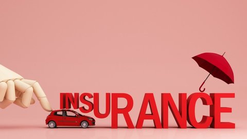 Car protection and safety assurance concept, put a modern red automobile hatchback sedan into under red text insurance font and umbrella, isolated on pink background, 3d rendering animation looped