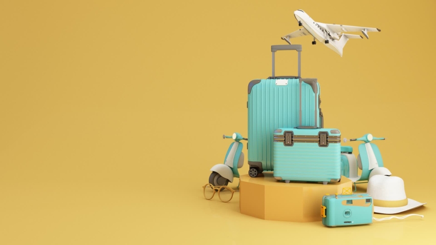 Travel and adventure and departure concept In summer, surrounded by luggage, camera, sunglasses, hat with scooter motorcycle and airplane. green and yellow tones 3d render animation looped | Shutterstock HD Video #1087918481