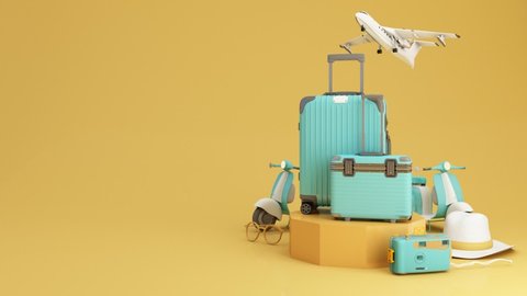 Travel and adventure and departure concept In summer, surrounded by luggage, camera, sunglasses, hat with scooter motorcycle and airplane. green and yellow tones 3d render animation looped