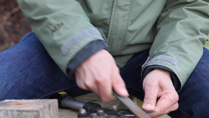 Closeup of a craftsman sharpening pruning scissor traditionally 