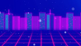 Animation of light spots over cityscape on purple background. global technology and digital interface concept digitally generated video.