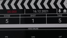 Digital Film slate. Movie clapper board interface. Digital number running and counting before shooting movie or filming. clapperboard for video recording and vdo production. Film industry tools.
