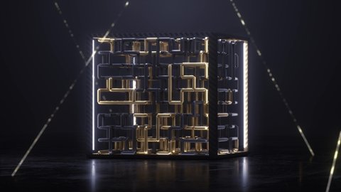 Abstract cube with gold and black maze animation inside