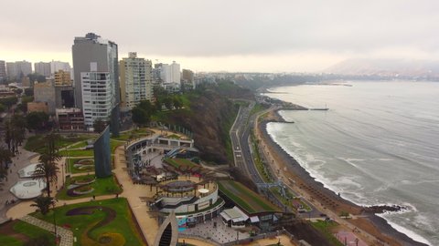 Lima, Peru - 19th Feb 2022: Aerial view of the Larcomar Shopping Center and part of the municipality of Miraflores in Lima, Peru