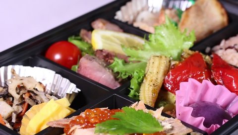 japanese box lunch (containing rice and various kinds of fish, meat and vegetables)