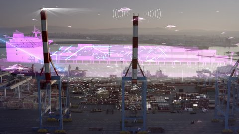 Futuristic Port harbor with 5G network and technology data communication, aerial, technology concept, drone shot with artificial intelligence and drones, digital network