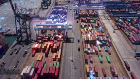 Futuristic Port harbor with 5G network and technology data communication, aerial, technology concept, drone shot with artificial intelligence and drones, digital network - Powered by Shutterstock - Get 15% off with code: PIKWIZARD15