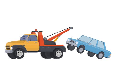 Towing vehicle. Animation of a tow truck towing a car, alpha channel. Cartoon