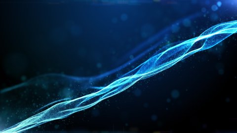 Digital particles blue color wave flow and lights with bokeh, Technology cyberspace digital connection abstract background concept. Seamless loop 4K