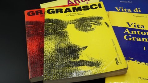 Rome, Italy - March 02, 2022, detail of the covers of some books on the philosopher and politician Atonio Gramsci.