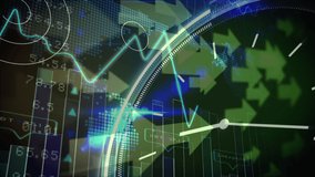 Animation of graphs, data processing, arrows, moving clock in black space. global connections, finance, time, technology and digital interface concept digitally generated video. - Powered by Shutterstock - Get 15% off with code: PIKWIZARD15
