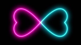 Neon heart animation. A neon heart on a black background, a combination of pink and turquoise. Loop.