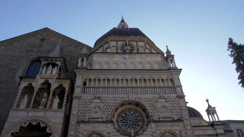 Bergamo. Italy.10-31-2021. Beautiful facade Basilica of Santa Maria Maggiore.City of Bergamo. Tilt 4K