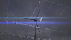 Animation of data processing and light trails over wind turbine. global technology and data processing concept digitally generated video.