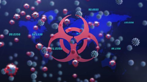 Animation of biohazard symbol, virus cells an numbers over world map on blue background. global covid 19 pandemic concept digitally generated video.