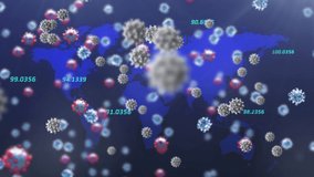 Animation of virus cells and numbers floating over blue world map. global covid 19 pandemic concept digitally generated video. - Powered by Shutterstock - Get 15% off with code: PIKWIZARD15