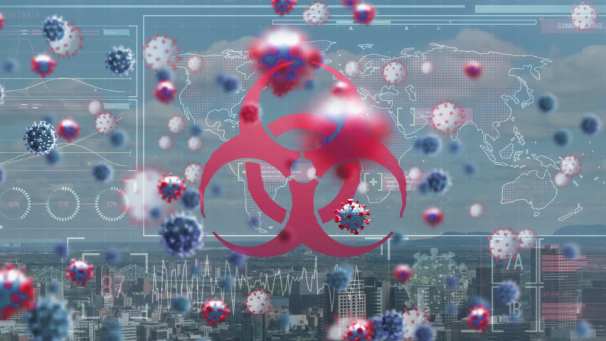 Animation of biohazard symbol and virus cells over world map and cityscape. global covid 19 pandemic concept digitally generated video. - Powered by Shutterstock - Get 15% off with code: PIKWIZARD15