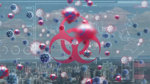 Animation of biohazard symbol and virus cells over world map and cityscape. global covid 19 pandemic concept digitally generated video.