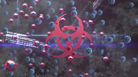 Animation of biohazard symbol and virus cells over data processing and world map. global covid 19 pandemic concept digitally generated video.