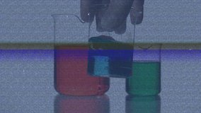 Animation of glitch over hand in safety gloves holding chemical reagents. science, chemical experiments and education concept digitally generated video. - Powered by Shutterstock - Get 15% off with code: PIKWIZARD15