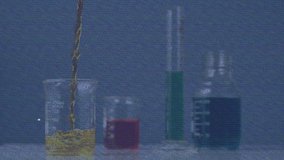 Animation of screen with glitch over chemical reagent pouring into glass. science, chemical experiments and education concept digitally generated video. - Powered by Shutterstock - Get 15% off with code: PIKWIZARD15