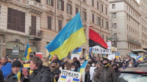 Italy Rome February 27, 2022. Photo with selective focus. Anti war protest or rally against the invasion of Ukraine People are protesting against Russia attack on Ukraine.