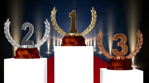 Animation of first, second and third place award trophies at floodlit prize giving ceremony. competition, achievement and event concept digitally generated video.