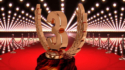 Animation of third place award trophy at floodlit, red carpet winners' prize giving ceremony. competition, achievement and event concept digitally generated video.