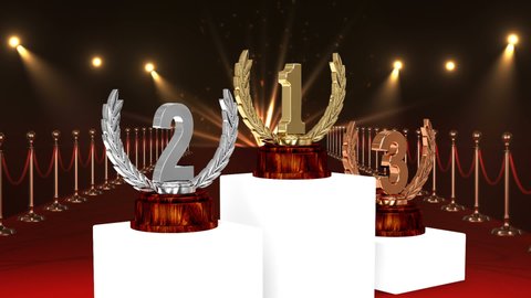 Animation of first, second and third place award trophies at winners' prize giving ceremony. competition, achievement and event concept digitally generated video.