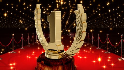 Animation of first place award trophy at floodlit, red carpet winners' prize giving ceremony. competition, achievement and event concept digitally generated video.