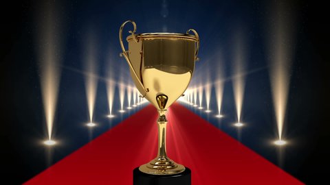 Animation of award trophy at floodlit, red carpet winners' prize giving ceremony. competition, achievement and event concept digitally generated video.