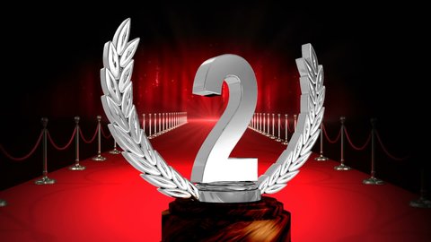 Animation of second place award trophy at winners' red carpet prize giving ceremony. competition, achievement and event concept digitally generated video.