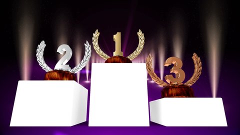 Animation of first, second and third place award trophies at floodlit winners' prize giving ceremony. competition, achievement and event concept digitally generated video.