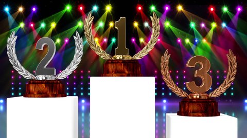 Animation of first, second and third place award trophies at floodlit winners' prize giving ceremony. competition, achievement and event concept digitally generated video.