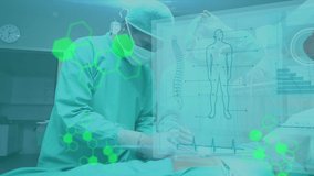 Animation of medical information and data processing over surgeons at work in operating theatre. medical research technology and healthcare services concept digitally generated video.
